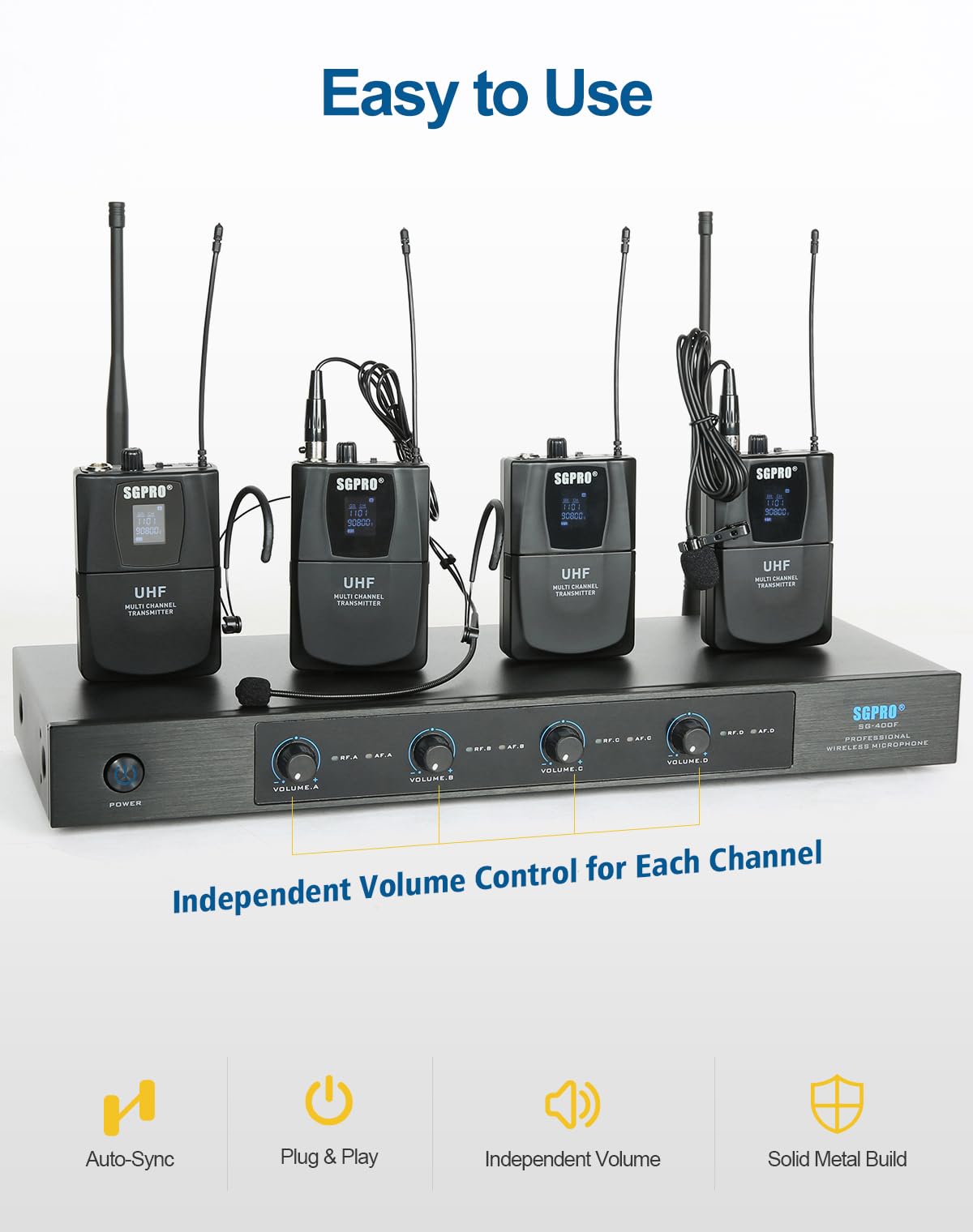 SGPRO 4-Channel Wireless Microphone System - 250Ft Range, Metal Mics & Receiver, Fixed Frequency, 3 Handheld/Headset Configurati